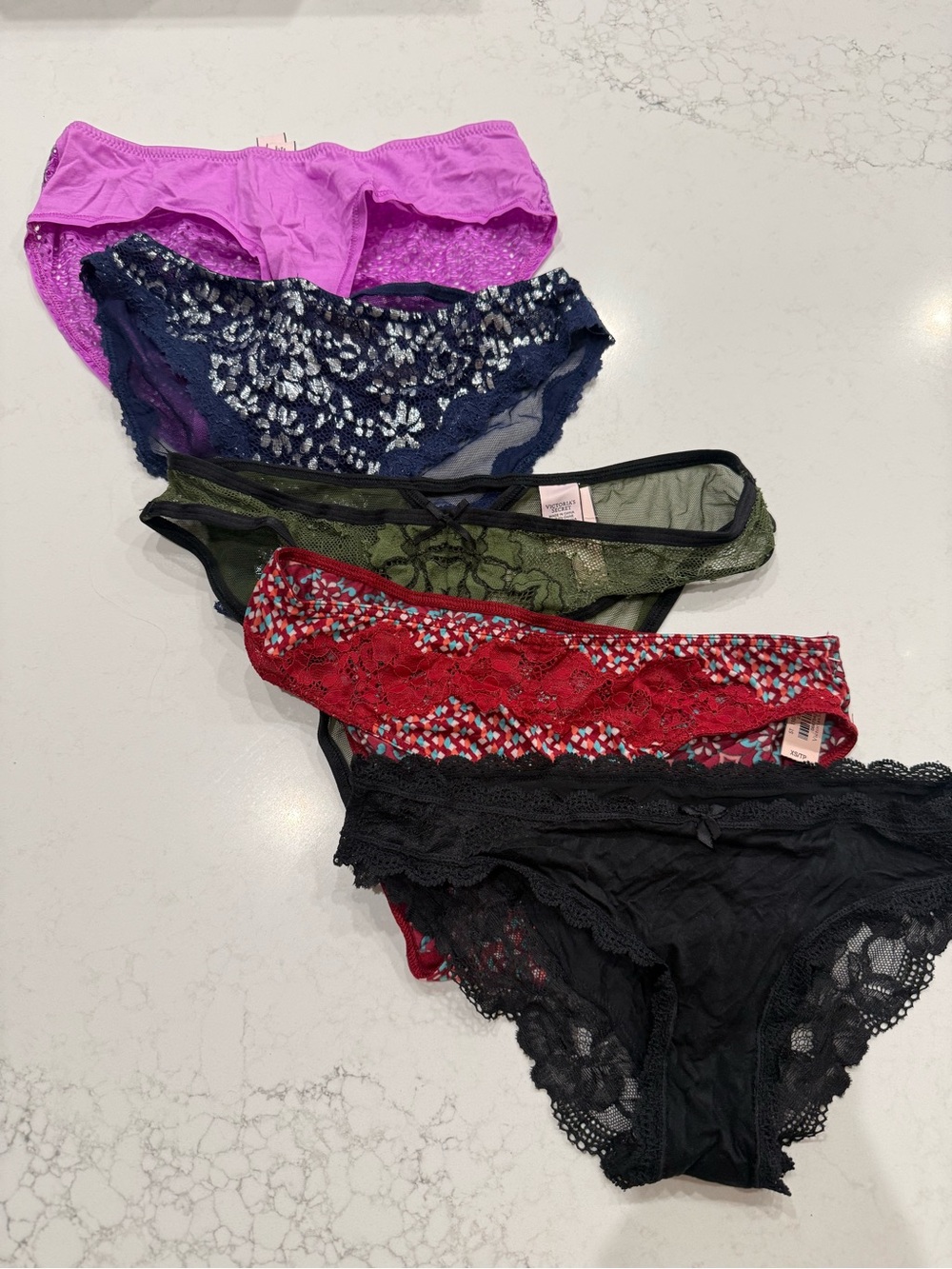 Women’s Lace & Mesh Bikini Panty Set - Black, Red, Olive, Navy, Purple (5) pairs